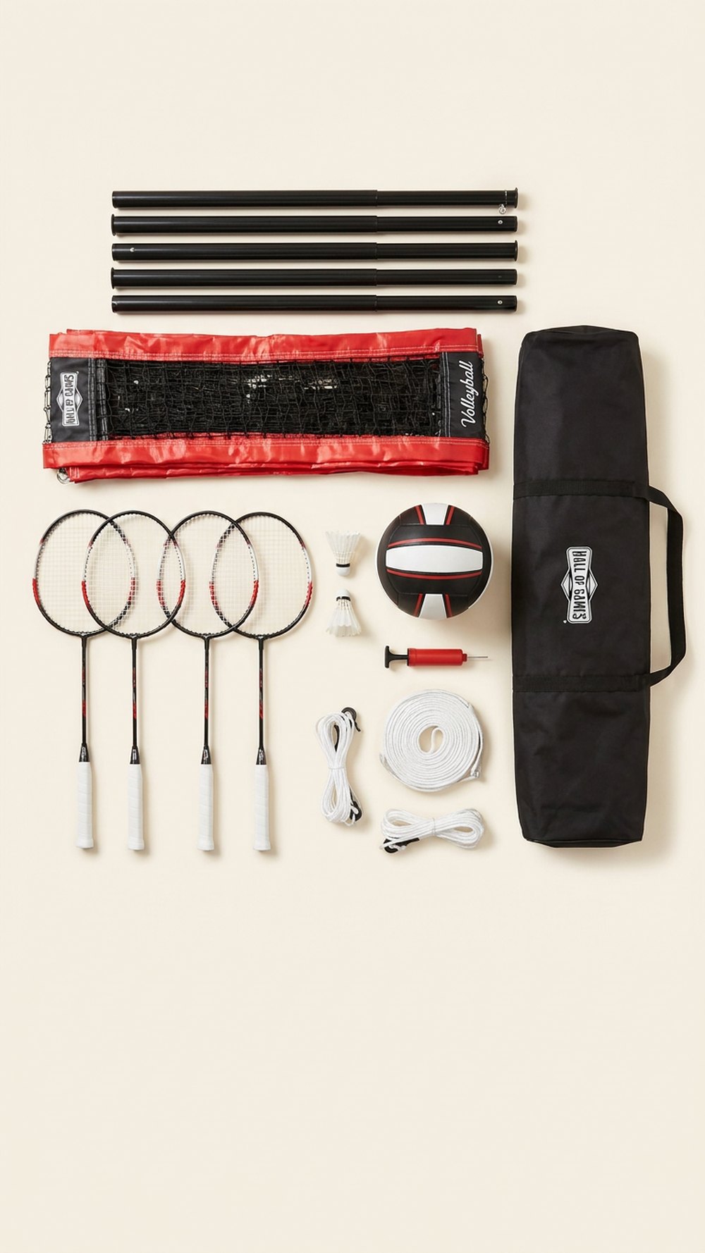 Everything in the set laid out: poles, net, ropes, racquets, shuttlecocks, volleyball, pump, boundary line and bag