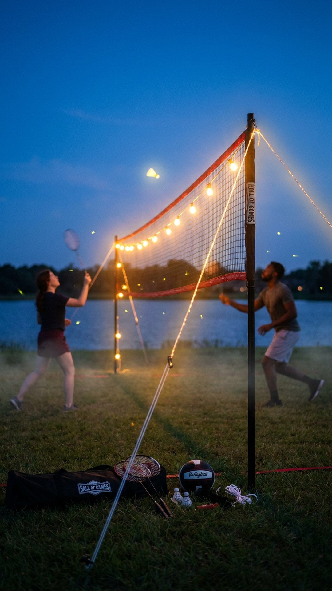 The net lit by string lights at a lakeside field at dusk